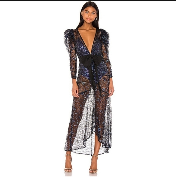 NWT FOR LOVE & LEMONS Blue Rodin Sparkle Sheer Maxi Dress With Bodysuit